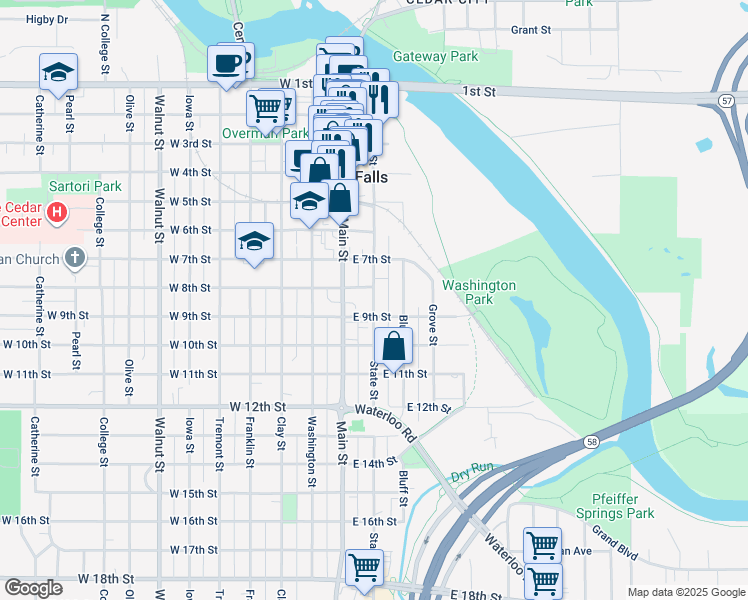 map of restaurants, bars, coffee shops, grocery stores, and more near 807 Bluff Street in Cedar Falls