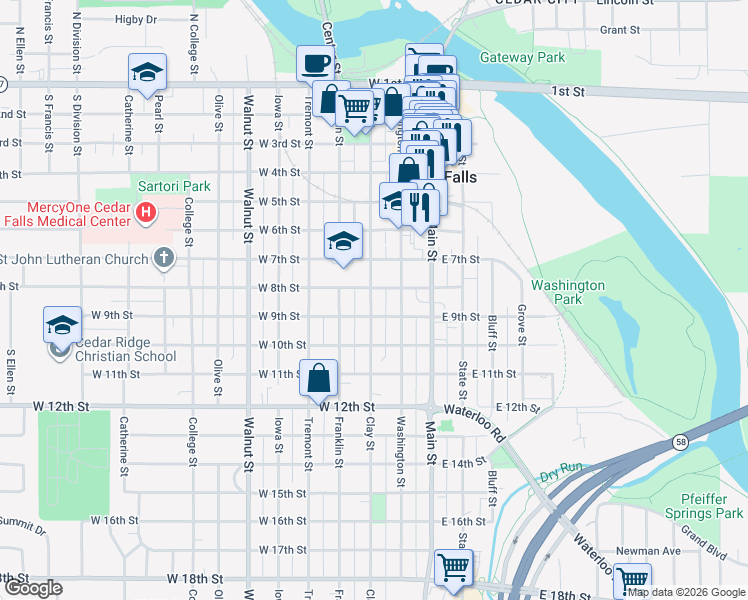 map of restaurants, bars, coffee shops, grocery stores, and more near 215 West 9th Street in Cedar Falls