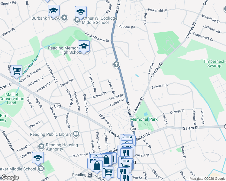 map of restaurants, bars, coffee shops, grocery stores, and more near Auburn St & Beacon St in Reading