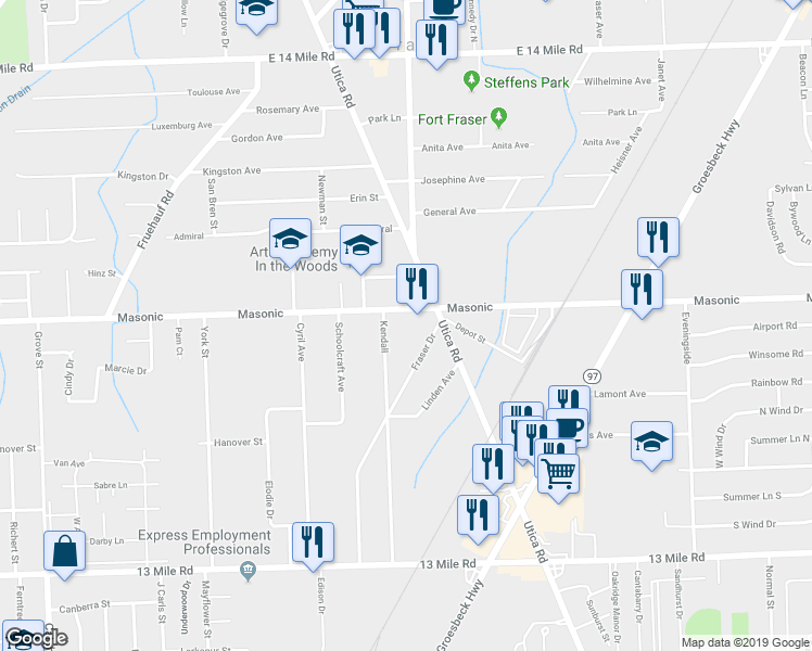 map of restaurants, bars, coffee shops, grocery stores, and more near 16750 Masonic in Fraser
