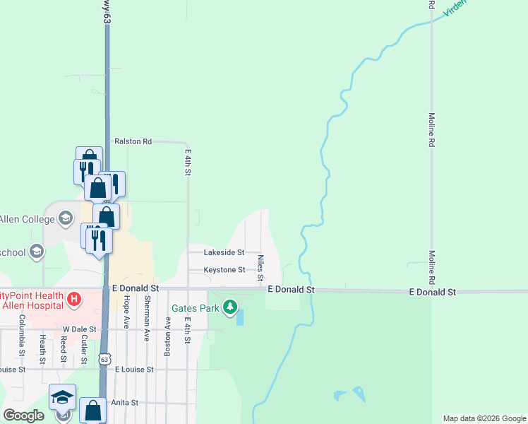 map of restaurants, bars, coffee shops, grocery stores, and more near 4062 Niles Street in Waterloo