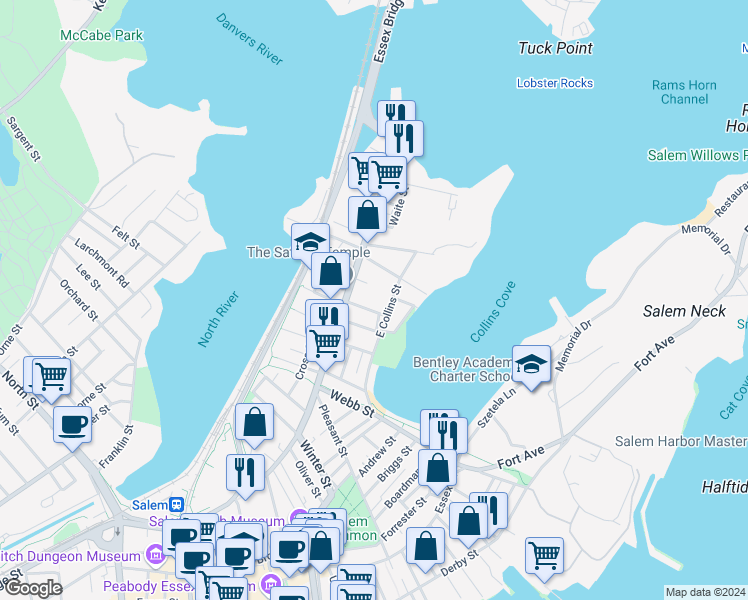 map of restaurants, bars, coffee shops, grocery stores, and more near 11 Lathrop Street in Salem