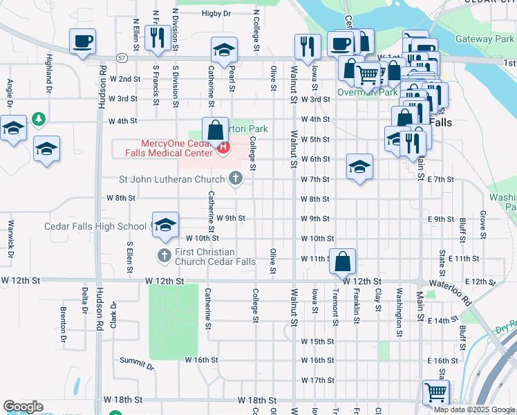 map of restaurants, bars, coffee shops, grocery stores, and more near 810 College Street in Cedar Falls
