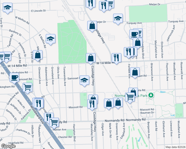 map of restaurants, bars, coffee shops, grocery stores, and more near 4595 Coolidge Hwy in Royal Oak