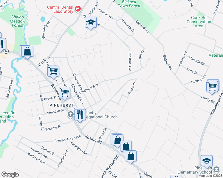 map of restaurants, bars, coffee shops, grocery stores, and more near 39 Endleigh Avenue in Billerica
