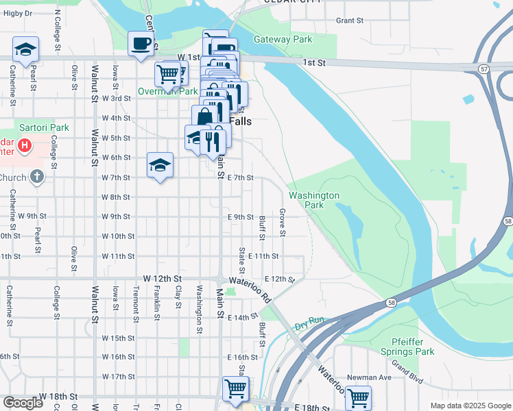 map of restaurants, bars, coffee shops, grocery stores, and more near 807 Bluff Street in Cedar Falls