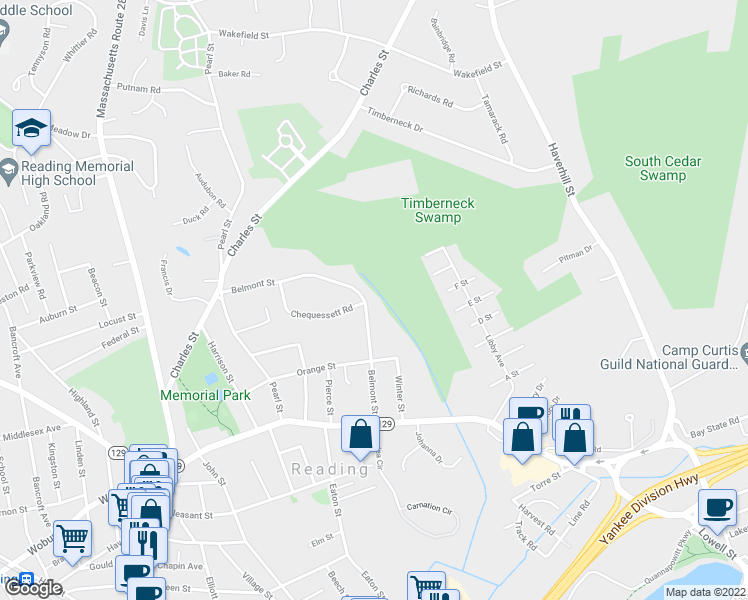 map of restaurants, bars, coffee shops, grocery stores, and more near 94 Belmont Street in Reading