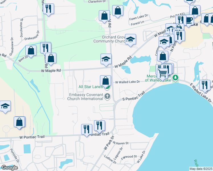 map of restaurants, bars, coffee shops, grocery stores, and more near 555 W Walled Lake Dr in Walled Lake