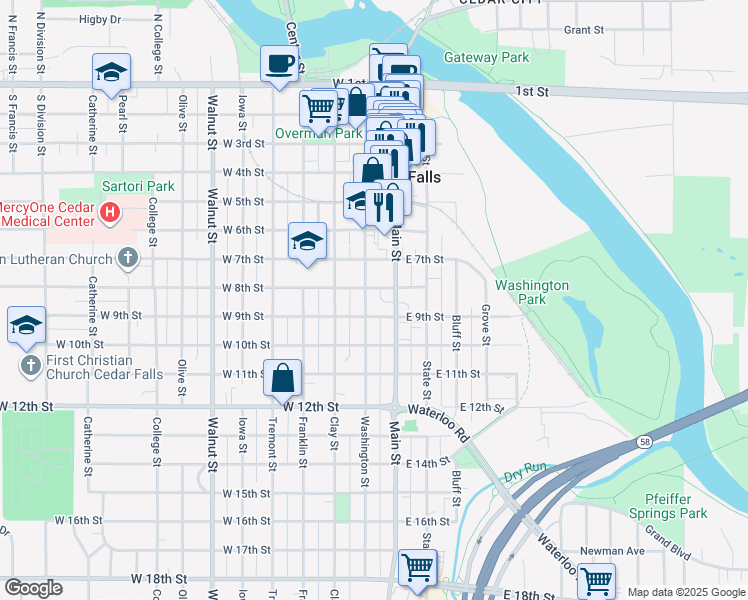map of restaurants, bars, coffee shops, grocery stores, and more near 808 Washington St in Cedar Falls