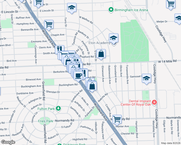 map of restaurants, bars, coffee shops, grocery stores, and more near 4127 Berkshire Road in Royal Oak