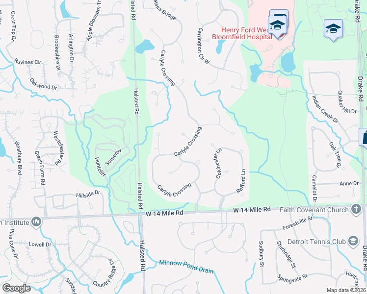 map of restaurants, bars, coffee shops, grocery stores, and more near 7150 Carlyle Crossing in West Bloomfield Township