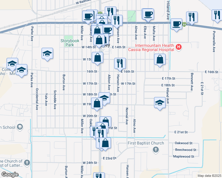 map of restaurants, bars, coffee shops, grocery stores, and more near 1727 Albion Avenue in Burley