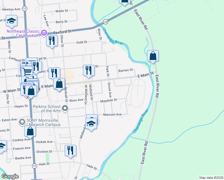 map of restaurants, bars, coffee shops, grocery stores, and more near 15 Grove Ave in Norwich