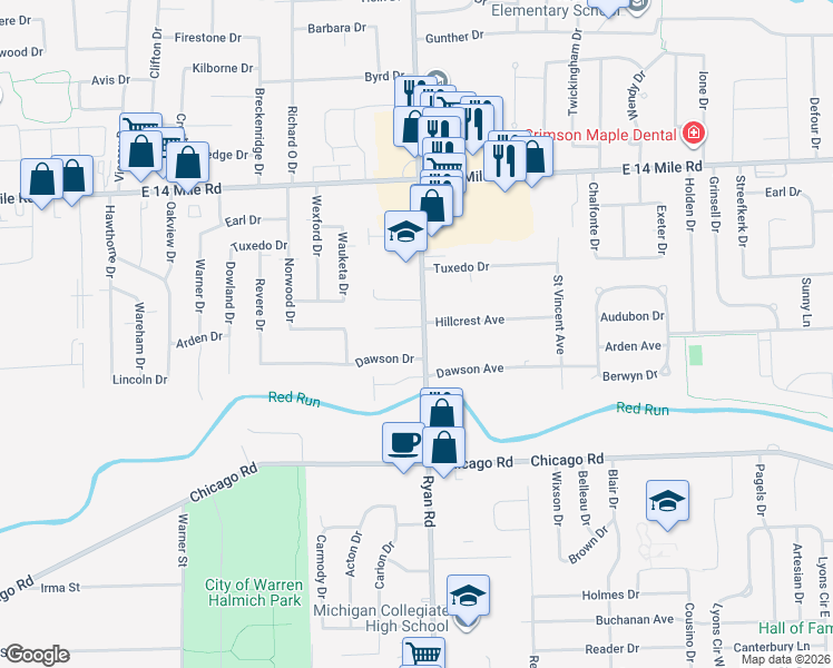map of restaurants, bars, coffee shops, grocery stores, and more near 32385 Ryan Road in Warren