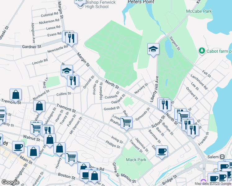 map of restaurants, bars, coffee shops, grocery stores, and more near 6 Cushing Street in Salem