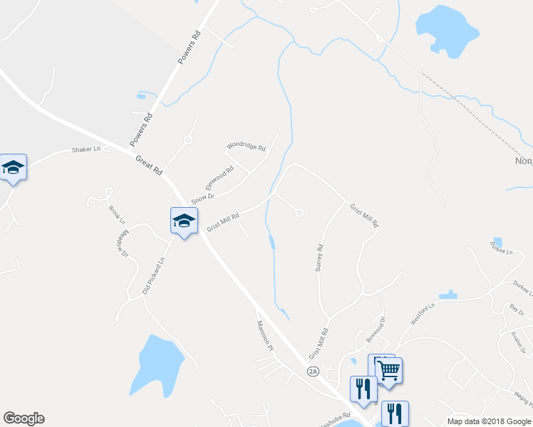 map of restaurants, bars, coffee shops, grocery stores, and more near 17 Grist Mill Road in Littleton