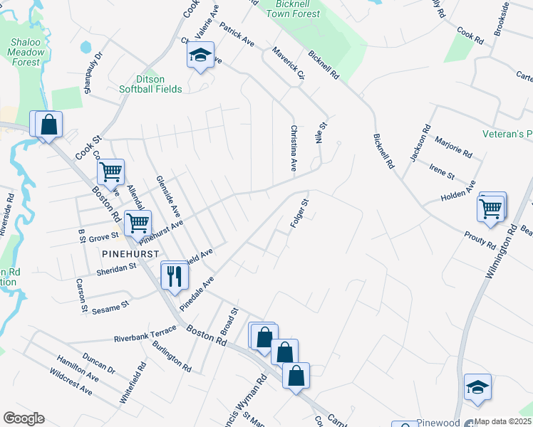 map of restaurants, bars, coffee shops, grocery stores, and more near 52 Pinedale Avenue in Billerica