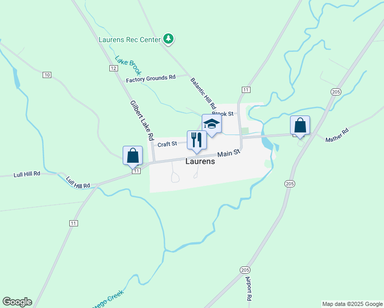 map of restaurants, bars, coffee shops, grocery stores, and more near 39 Main Street in Laurens