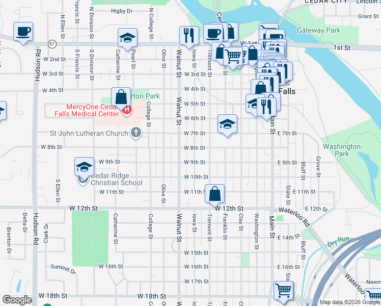 map of restaurants, bars, coffee shops, grocery stores, and more near 809 Iowa Street in Cedar Falls