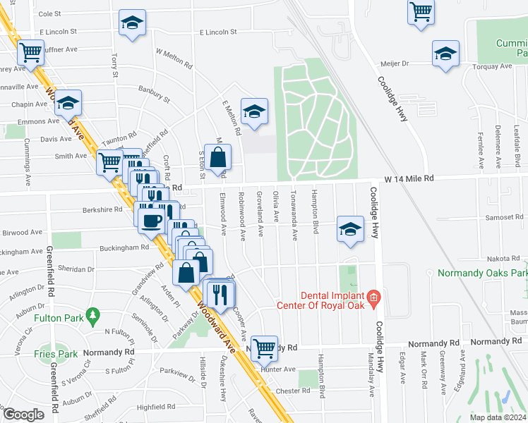 map of restaurants, bars, coffee shops, grocery stores, and more near 4618 Groveland Avenue in Royal Oak