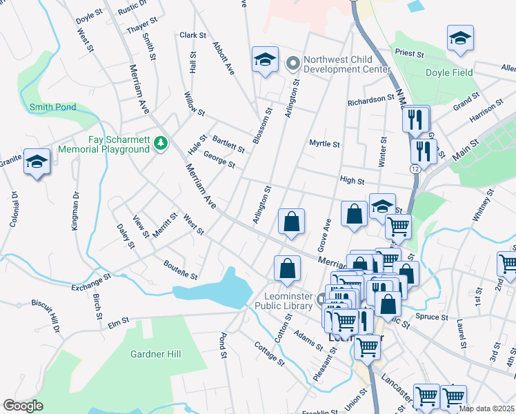 map of restaurants, bars, coffee shops, grocery stores, and more near 24 Arlington Street in Leominster