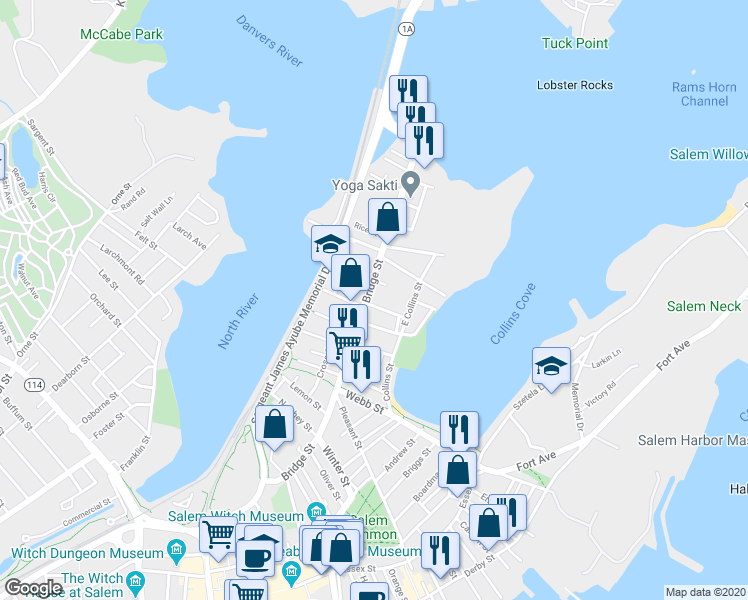 map of restaurants, bars, coffee shops, grocery stores, and more near 65 Bridge Street in Salem