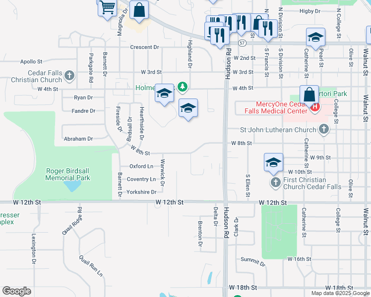 map of restaurants, bars, coffee shops, grocery stores, and more near 1923 W 8th St in Cedar Falls