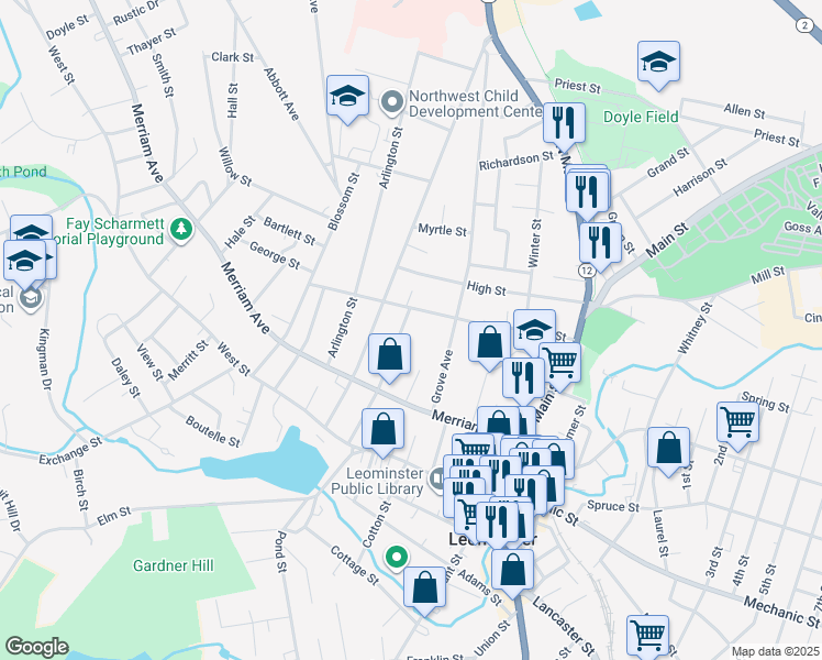 map of restaurants, bars, coffee shops, grocery stores, and more near 87 Orchard Street in Leominster