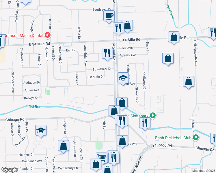 map of restaurants, bars, coffee shops, grocery stores, and more near 5804 Arden Avenue in Warren