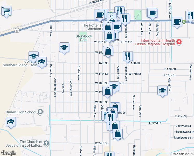 map of restaurants, bars, coffee shops, grocery stores, and more near 1726 Miller Avenue in Burley