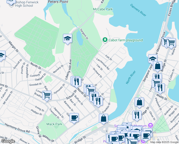 map of restaurants, bars, coffee shops, grocery stores, and more near 36 Orne Street in Salem