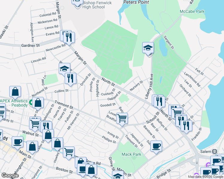 map of restaurants, bars, coffee shops, grocery stores, and more near 6 Cushing Street in Salem