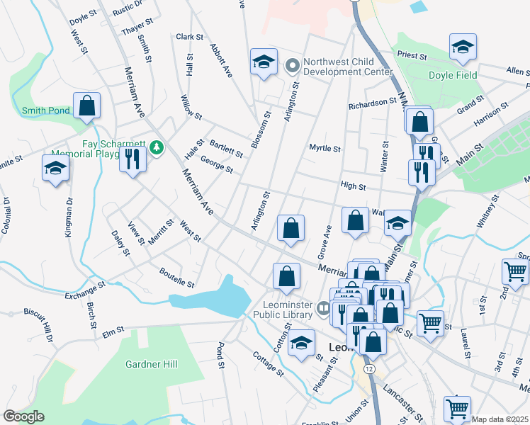 map of restaurants, bars, coffee shops, grocery stores, and more near 24 Arlington Street in Leominster