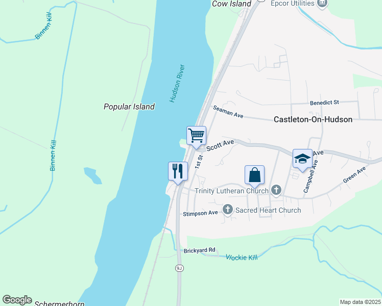 map of restaurants, bars, coffee shops, grocery stores, and more near 9J River Road in Castleton-on-Hudson