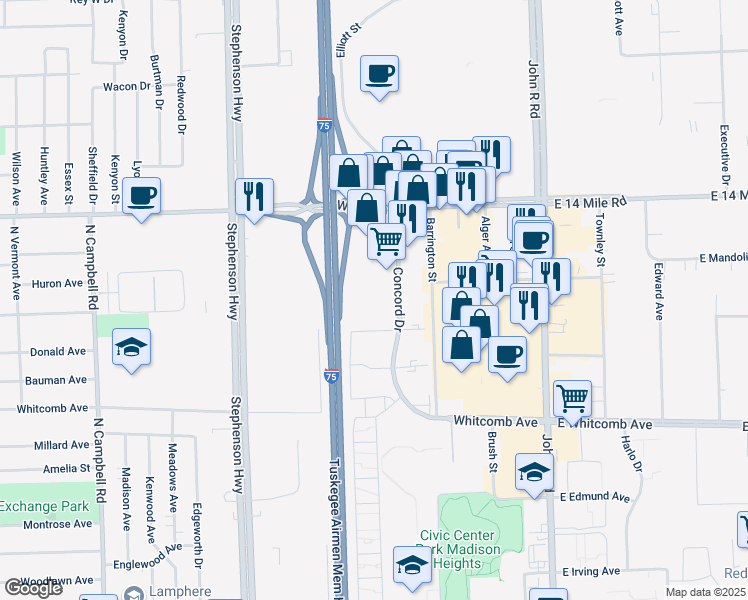 map of restaurants, bars, coffee shops, grocery stores, and more near 32500 Concord Drive in Madison Heights