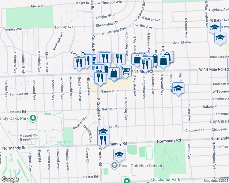 map of restaurants, bars, coffee shops, grocery stores, and more near 236 South Webik Avenue in Clawson