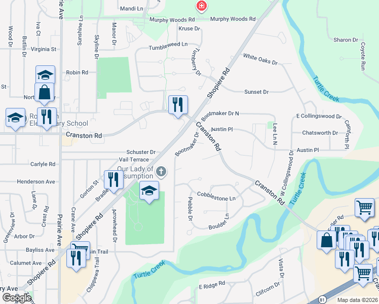 map of restaurants, bars, coffee shops, grocery stores, and more near 2282 Bootmaker Drive in Beloit