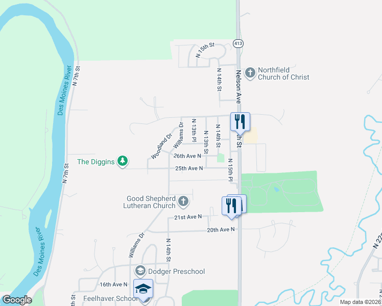 map of restaurants, bars, coffee shops, grocery stores, and more near 1202 26th Avenue North in Fort Dodge