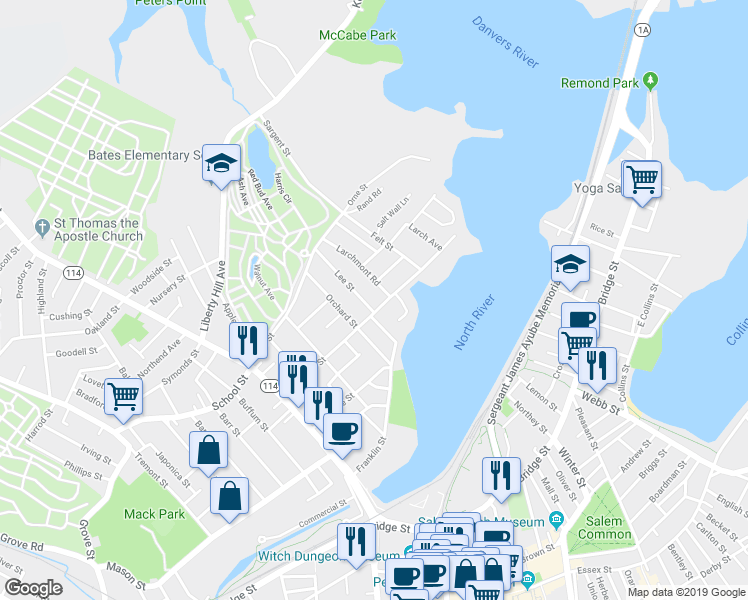 map of restaurants, bars, coffee shops, grocery stores, and more near 41 Dearborn Street in Salem