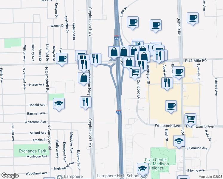 map of restaurants, bars, coffee shops, grocery stores, and more near 32650 Stephenson Highway in Madison Heights