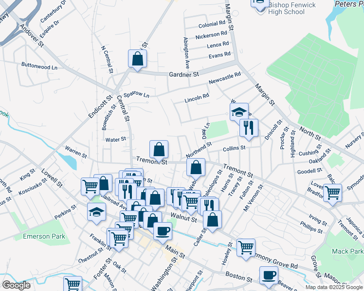 map of restaurants, bars, coffee shops, grocery stores, and more near 11 Highland Park in Peabody