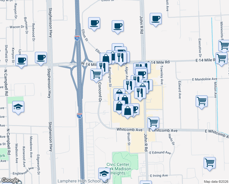 map of restaurants, bars, coffee shops, grocery stores, and more near 32289 John R Road in Madison Heights