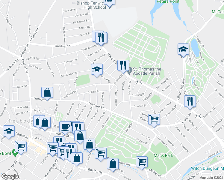 map of restaurants, bars, coffee shops, grocery stores, and more near 33 Driscoll Street in Peabody
