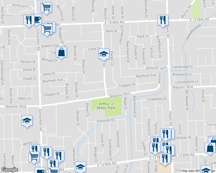 map of restaurants, bars, coffee shops, grocery stores, and more near 14441 Colpaert Drive in Warren