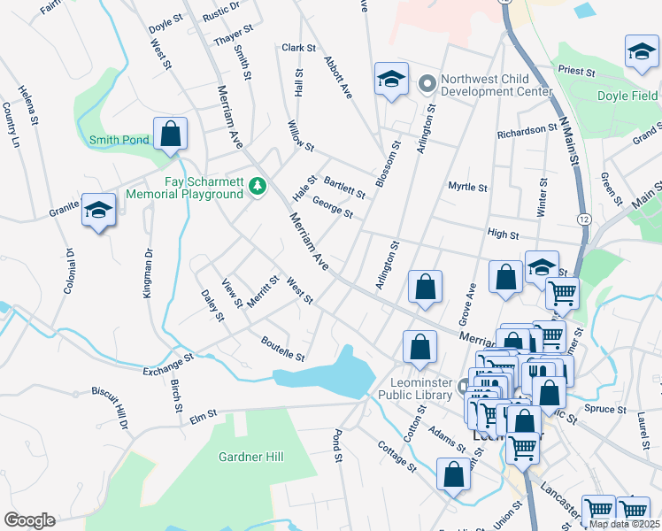 map of restaurants, bars, coffee shops, grocery stores, and more near 220 Merriam Avenue in Leominster
