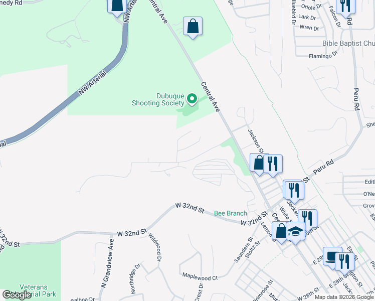map of restaurants, bars, coffee shops, grocery stores, and more near 805 Hawkeye Heights Road in Dubuque