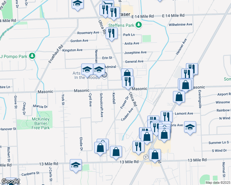 map of restaurants, bars, coffee shops, grocery stores, and more near 16750 Masonic in Fraser