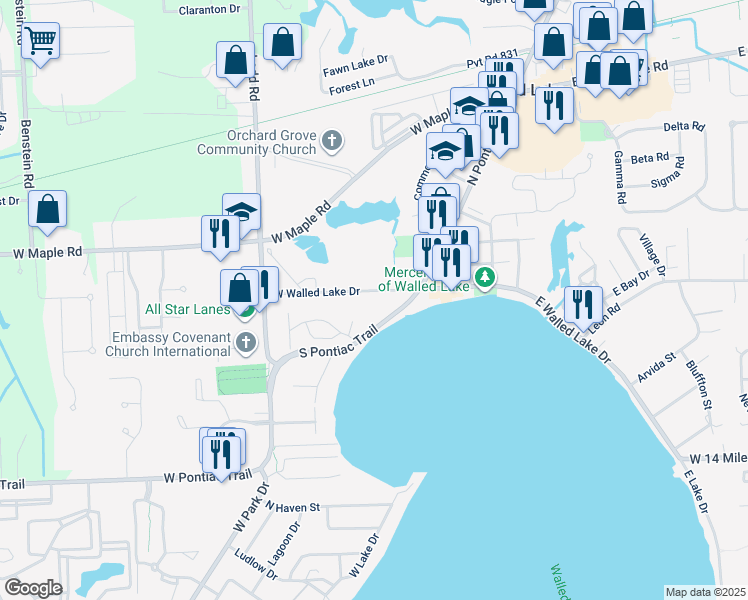 map of restaurants, bars, coffee shops, grocery stores, and more near 233 West Walled Lake Drive in Walled Lake