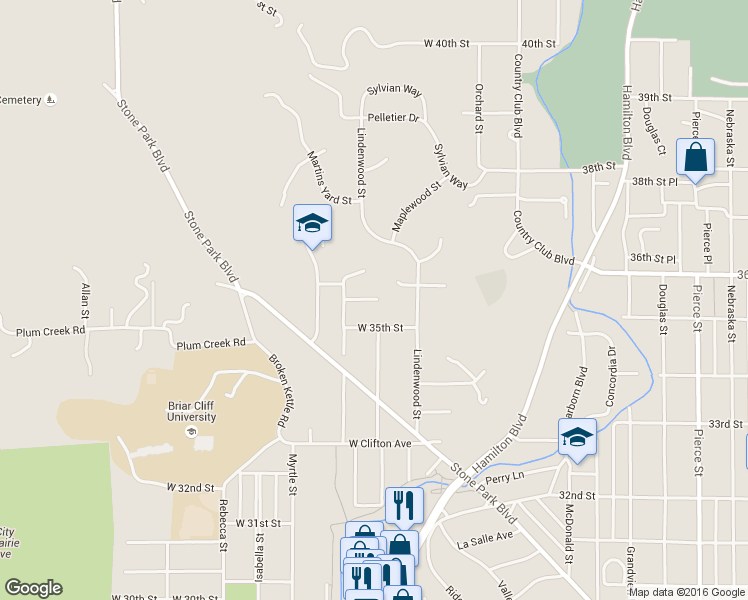 map of restaurants, bars, coffee shops, grocery stores, and more near 410 Driftwood Court in Sioux City