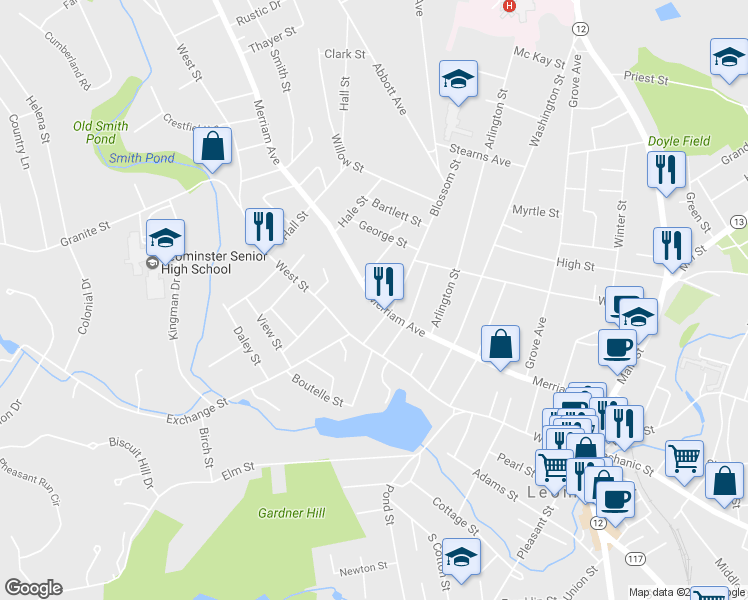 map of restaurants, bars, coffee shops, grocery stores, and more near 220 Merriam Avenue in Leominster